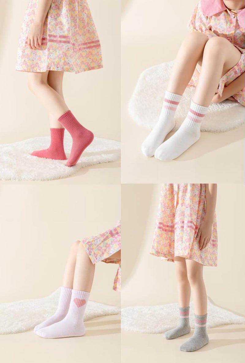 Wamvp Girls Socks Kids Pink Crew Athletic Socks with Hearts Striped 4 Pairs for Children 4-12 Years - Image 3